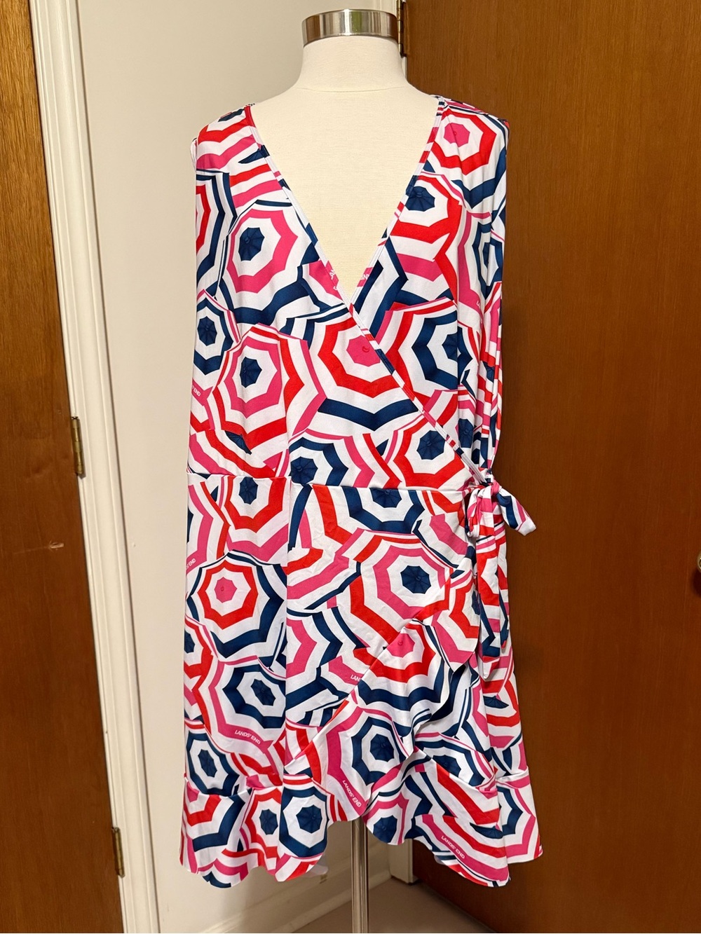 Lands' End Pink, Red & Navy Geometric Wrap Dress